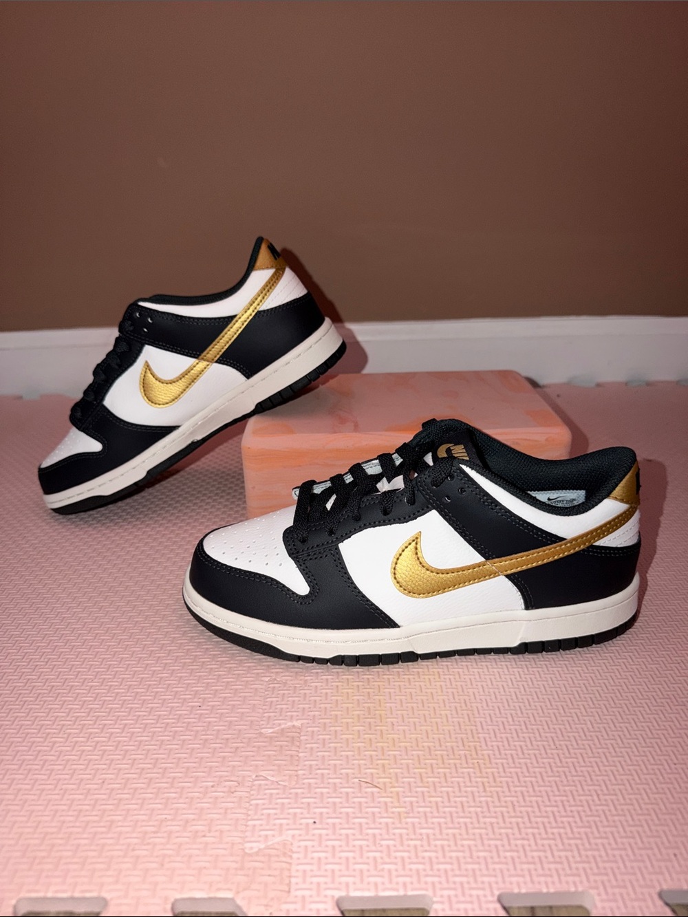 Nike Low Dunks - Dark Gray, Gold, and White (Boys 5.5 Youth)